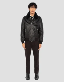 Blouson noir aviateur, cuir de vachette - NOIR