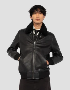 Blouson noir aviateur, cuir de vachette - NOIR