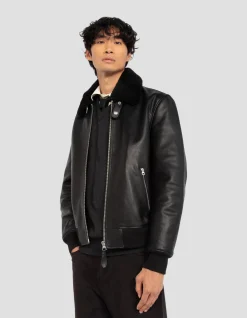 Blouson noir aviateur, cuir de vachette - NOIR