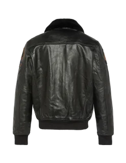 Blouson noir aviateur vintage badgé, cuir de chèvre - NOIR