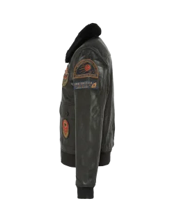 Blouson noir aviateur vintage badgé, cuir de chèvre - NOIR