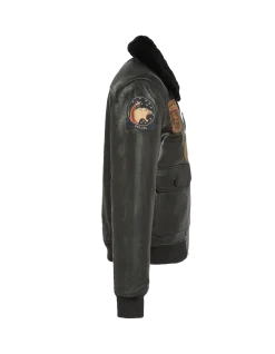 Blouson noir aviateur vintage badgé, cuir de chèvre - NOIR