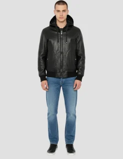 Blouson noir à capuche, cuir d'agneau - NOIR