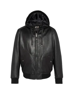 Blouson noir à capuche, cuir d'agneau - NOIR