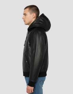 Blouson noir à capuche, cuir d'agneau - NOIR