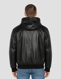 Blouson noir à capuche, cuir d'agneau - NOIR