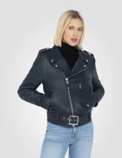 Blouson Perfecto® indigo avec ceinture, cuir d'agneau - INDIGO