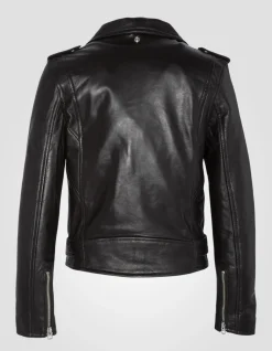 Blouson Perfecto® marron avec ceinture, cuir d'agneau, grande taille - MARRON
