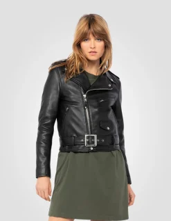 Blouson Perfecto® noir avec ceinture, cuir d'agneau - NOIR