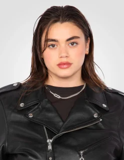 Blouson Perfecto® noir avec ceinture, cuir d'agneau, grande taille - NOIR