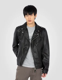 Blouson Perfecto® noir sans ceinture, cuir de d'agneau lavé - NOIR