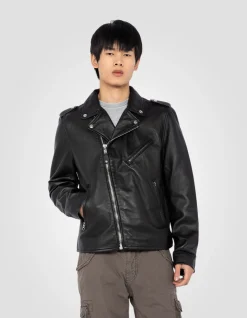 Blouson Perfecto® noir sans ceinture, cuir de d'agneau lavé - NOIR