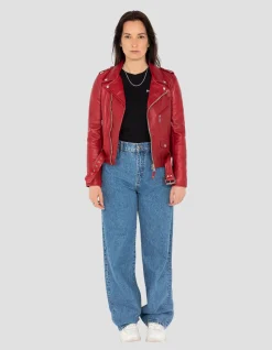 Blouson Perfecto® rouge avec ceinture, cuir d'agneau - ROUGE