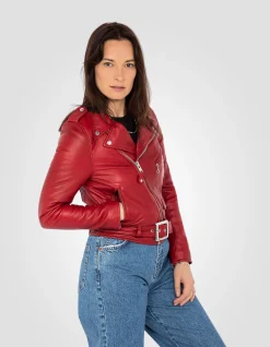 Blouson Perfecto® rouge avec ceinture, cuir d'agneau - ROUGE