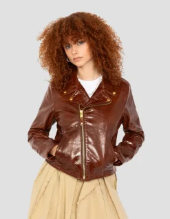 Blouson Perfecto® verni marron, cuir d'agneau - MARRON