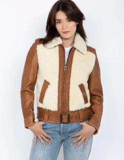 Blouson pilote bi-matière mythique USA, cuir de mouton - BLANC CASSÉ