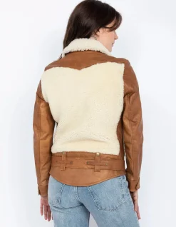 Blouson pilote bi-matière mythique USA, cuir de mouton - BLANC CASSÉ