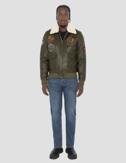 Blouson pilote kaki badgé, cuir d'agneau - KAKI