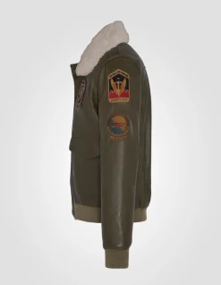 Blouson pilote kaki badgé, cuir d'agneau - KAKI