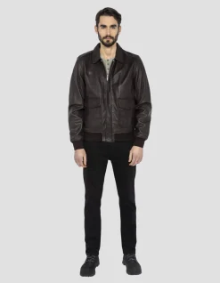 Blouson pilote marron, cuir d'agneau - MARRON