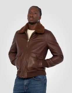 Blouson pilote marron, cuir de vachette - MARRON