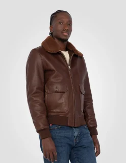 Blouson pilote marron, cuir de vachette - MARRON