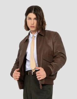 Blouson pilote marron effet vieilli, cuir de chèvre - MARRON