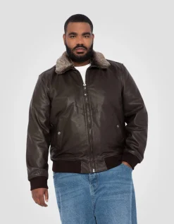 Blouson pilote marron foncé, cuir de vachette, grande taille - MARRON FONCÉ