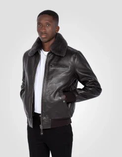 Blouson pilote marron foncé gilet intérieur amovible, cuir de vachette - MARRON FONCÉ