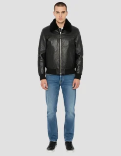 Blouson pilote noir avec col mouton amovible, cuir de vachette - NOIR