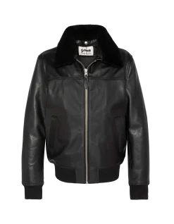 Blouson pilote noir avec col mouton amovible, cuir de vachette - NOIR