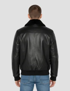 Blouson pilote noir avec col mouton amovible, cuir de vachette - NOIR