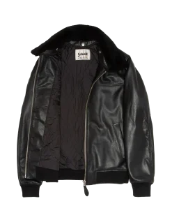 Blouson pilote noir avec col mouton amovible, cuir de vachette - NOIR