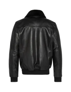 Blouson pilote noir avec col mouton amovible, cuir de vachette - NOIR