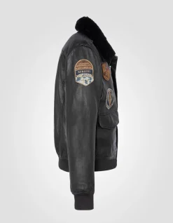 Blouson pilote noir badgé, cuir d'agneau - NOIR