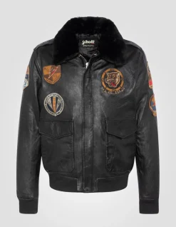 Blouson pilote noir badgé, cuir d'agneau - NOIR