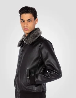 Blouson pilote noir, cuir de vachette - NOIR