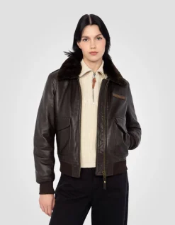 Blouson pilote souple marron foncé, cuir d'agneau lavé - MARRON FONCÉ