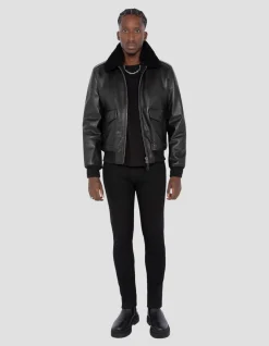 Blouson pilote type A-2 noir avec gilet amovible, cuir de vachette - NOIR