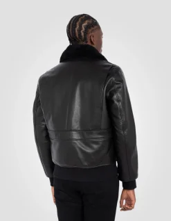 Blouson pilote type A-2 noir avec gilet amovible, cuir de vachette - NOIR