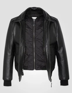 Blouson pilote type A-2 noir avec gilet amovible, cuir de vachette - NOIR