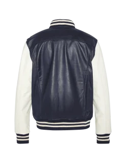 Blouson teddy bicolore bleu marine et blanc, cuir d'agneau - MARINE/BLANC CASSÉ
