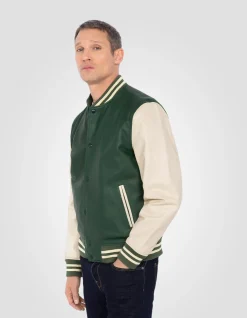Blouson teddy bicolore vert et blanc, cuir d'agneau - VERT/BLANC CASSÉ