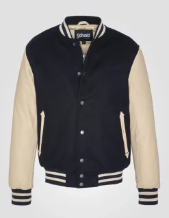 Blouson teddy bleu marine, cuir de vachette, grande taille - MARINE/BEIGE
