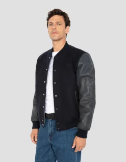 Blouson teddy bleu marine, cuir de vachette - MARINE/MARINE
