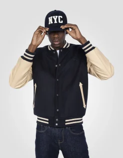 Blouson teddy bleu marine et beige, cuir de vachette - MARINE/BEIGE