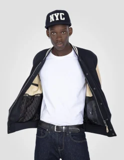 Blouson teddy bleu marine et beige, cuir de vachette - MARINE/BEIGE