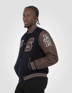 Blouson teddy bleu marine et cordovan, cuir de vachette - MARINE/CORDOVAN