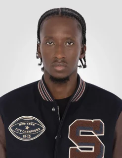 Blouson teddy bleu marine et cordovan, cuir de vachette - MARINE/CORDOVAN