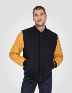 Blouson teddy bleu marine et cognac, cuir de vachette - MARINE/COGNAC